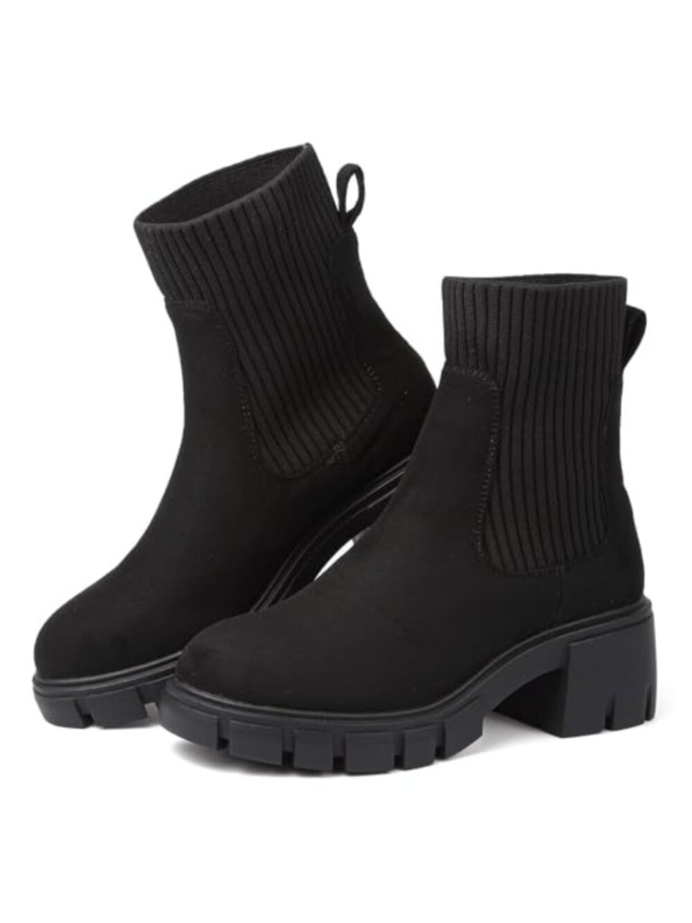 Women's Chelsea Boots Stretch Knit Chunky Heel Lug Sole Pull On Ankle Boots
